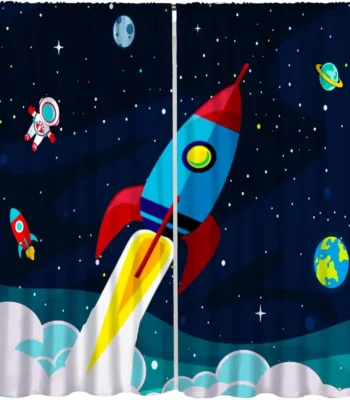 Colorful rocket launching into space with planets, stars, and an astronaut in a space suit, set against a starry night sky.