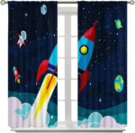 Space-themed rocket and planets window curtain.