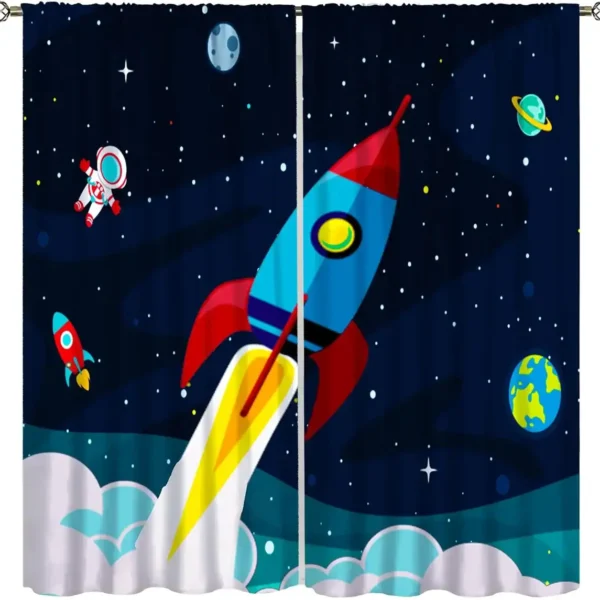 Colorful rocket launching into space with planets, stars, and an astronaut in a space suit, set against a starry night sky.