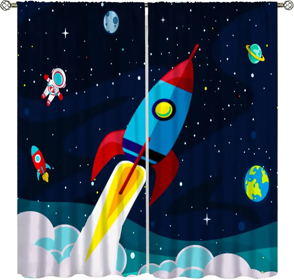 Rocket Space Adventure Curtain Colorful rocket launching into space with planets, stars, and an astronaut in a space suit, set against a starry night sky.