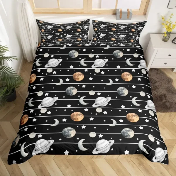Space-themed bedspread featuring planets, moons, and stars in a black background for a cosmic bedroom look.