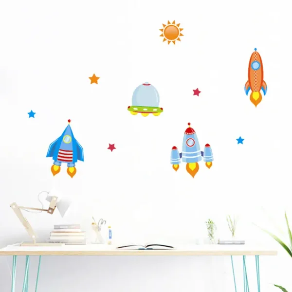 Colorful space-themed rocket and UFO wall decals for children's room decoration, featuring vibrant designs of rockets, UFOs, stars, and the sun.