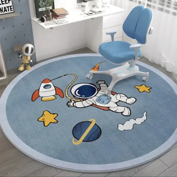 Bright space-themed children's rug featuring an astronaut, rocket, planets, and stars, perfect for a kid's room or educational space decor.
