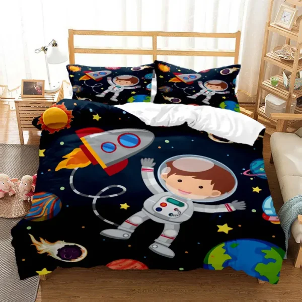 A playful space-themed bedding set featuring a cartoon astronaut, rockets, planets, and stars, perfect for children's bedrooms and science enthusiasts.