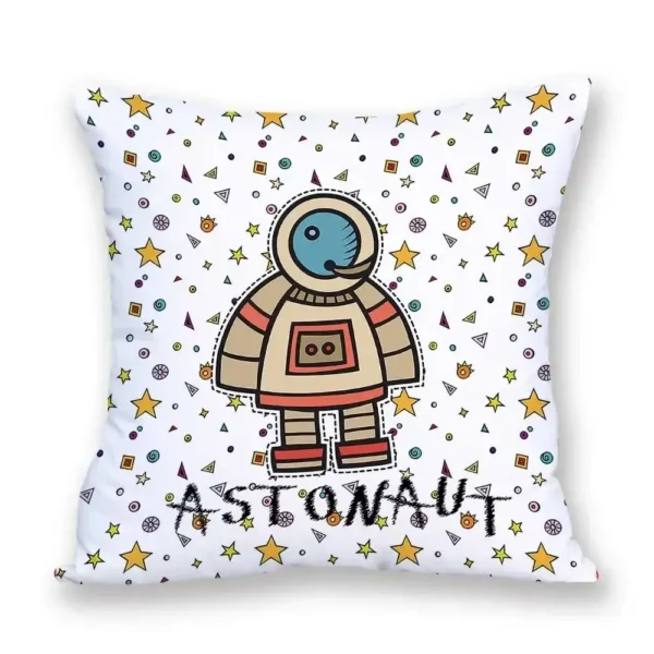 Astronaut pillow with star pattern, space theme, and "ASTRONAUT" text for kids' room decor.
