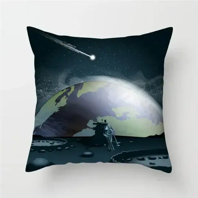 Night Sky and Space Scene Pillow Decorative pillow featuring a space-themed design with a comet streaking across the night sky, Earth, and a lunar landscape with a telescope, perfect for science enthusiasts.