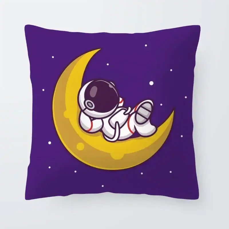 Cosmic Astronaut Pillow Astronaut sleeping on a yellow crescent moon pillow against a starry purple night sky.