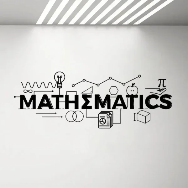 Inspirational wall art featuring math and science symbols, graphs, and formulas to enhance learning environments and stimulate curiosity in students.