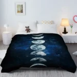 A cozy bedspread featuring a stunning design of the moon's phases set against a starry galaxy background. Perfect for space enthusiasts and adding a celestial touch to any bedroom decor.