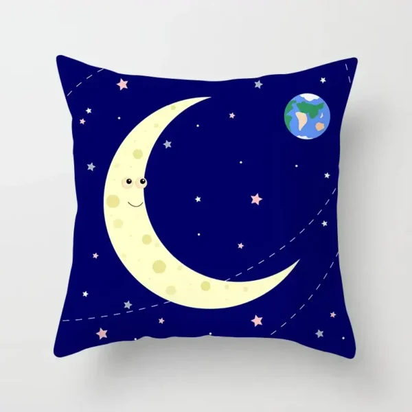 Decorative pillow featuring a smiling crescent moon and Earth against a dark blue starry night sky, perfect for children's rooms or science-themed decor.
