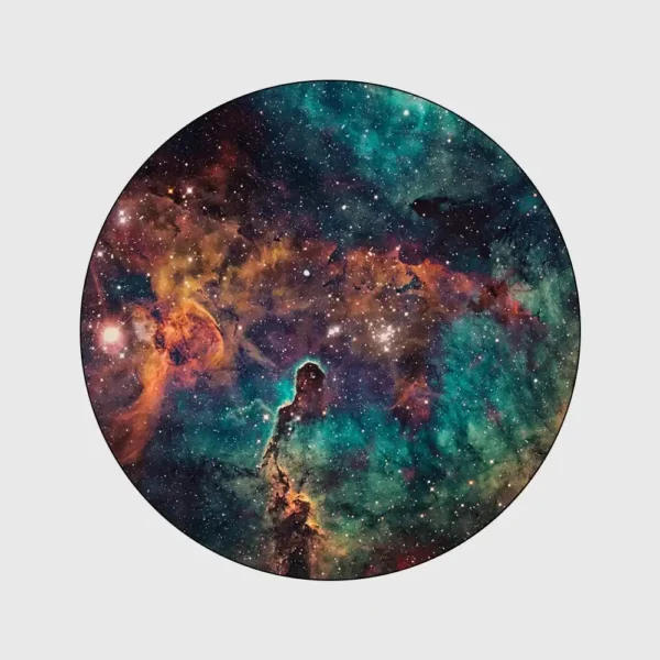 Astronomical nebula with vibrant colors and star formations, captured in a circular frame.