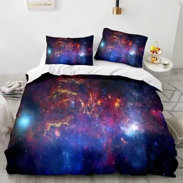 A galaxy-themed bedding set with pillowcases featuring vibrant nebula and star patterns. Perfect for science enthusiasts and space lovers to add a cosmic touch to their bedroom decor.