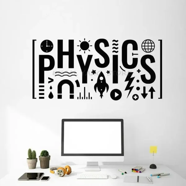Modern wall art featuring the word "Physics" with science-themed icons, perfect for educational spaces and science enthusiasts.