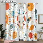 Colorful space-themed printed curtains featuring rockets, planets, stars, and suns, perfect for children's bedrooms or play areas. Made from digitally printed fabric with vibrant, engaging designs.