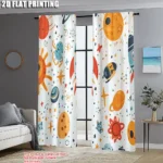 Bright space-themed 2D flat printed curtains featuring planets, stars, rockets, and aliens for a fun and educational decor. Perfect for children's rooms or science enthusiasts.