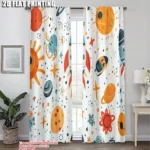 Space-themed 2D flat printed curtains featuring planets, stars, and cosmic elements for a vibrant, educational decor. Perfect for science enthusiasts and children's rooms.