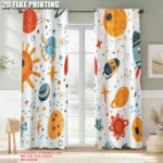 Bright space-themed curtains featuring planets, stars, and rockets in vibrant orange, blue, and red colors, perfect for children's bedrooms or play areas.