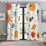 Bright, colorful celestial designs featuring planets, stars, and rockets on white background.