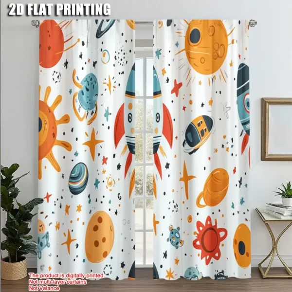 Colorful space-themed printed curtains featuring rockets, planets, stars, and suns, perfect for children's bedrooms or play areas. Made from digitally printed fabric with vibrant, engaging designs.