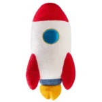 Soft rocket-shaped plush toy with red, white, blue, and yellow colors, perfect for children’s educational play and space-themed decor.