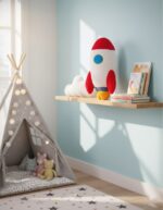 Soft rocket-shaped plush toy with red, white, blue, and yellow colors, displayed on a wall shelf in a child's room, perfect for educational play and decor.