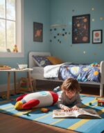 A child playing on a colorful space-themed rug in a bedroom decorated with astronomy posters and star-shaped wall decals, surrounded by educational toys and science decor.