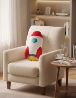 Soft rocket-shaped plush toy sitting on a white armchair in a cozy living room, perfect for children’s educational and decorative purposes.