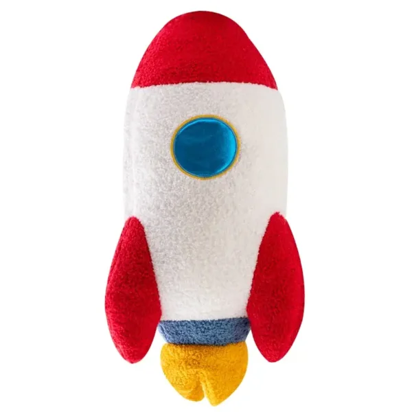 Soft rocket-shaped plush toy with red, white, blue, and yellow colors, perfect for children’s educational play and space-themed decor.