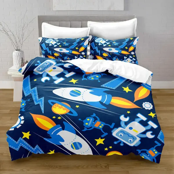 Bright, colorful robot and space pattern on a cozy bedspread and pillowcases.
