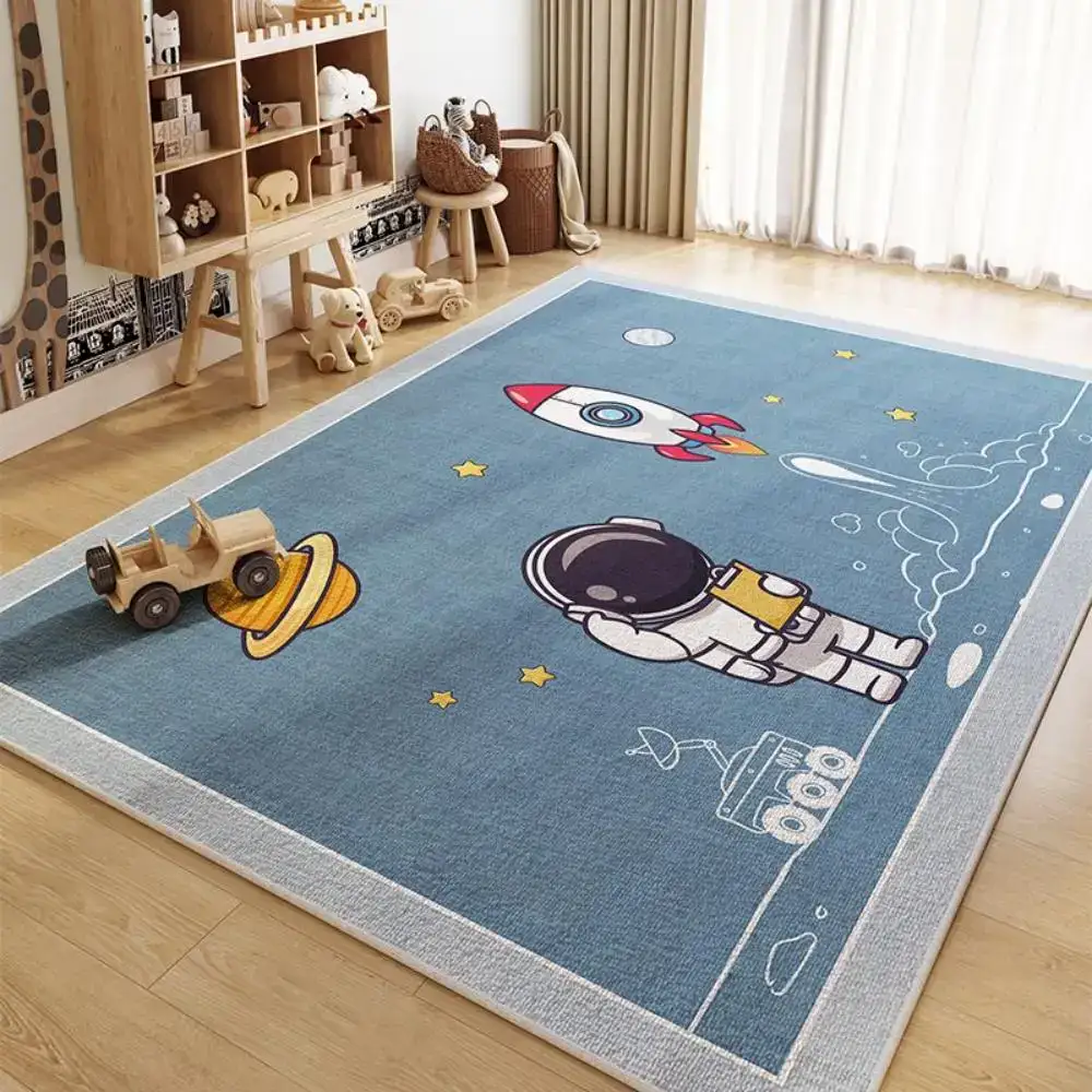 Space Adventure Children's Rug with Rocket and Astronaut Design Children's rug featuring a space theme with a rocket, astronaut, and planets, perfect for a child's bedroom or playroom.