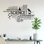 Innovative science decor with a word cloud featuring terms like "Science," "Experiment," "Research," and "Analysis" on a white wall, complemented by a potted plant and a modern workspace.