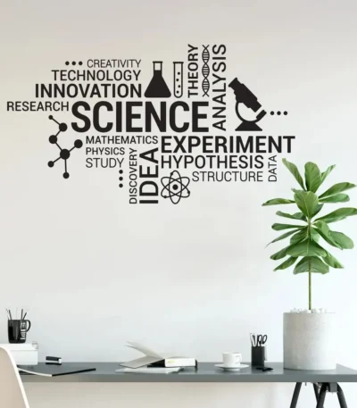 Innovative science decor with a word cloud featuring terms like "Science," "Experiment," "Research," and "Analysis" on a white wall, complemented by a potted plant and a modern workspace.