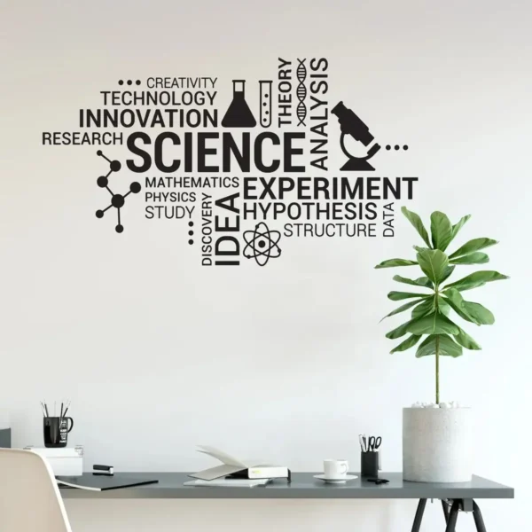 Innovative science decor with a word cloud featuring terms like "Science," "Experiment," "Research," and "Analysis" on a white wall, complemented by a potted plant and a modern workspace.