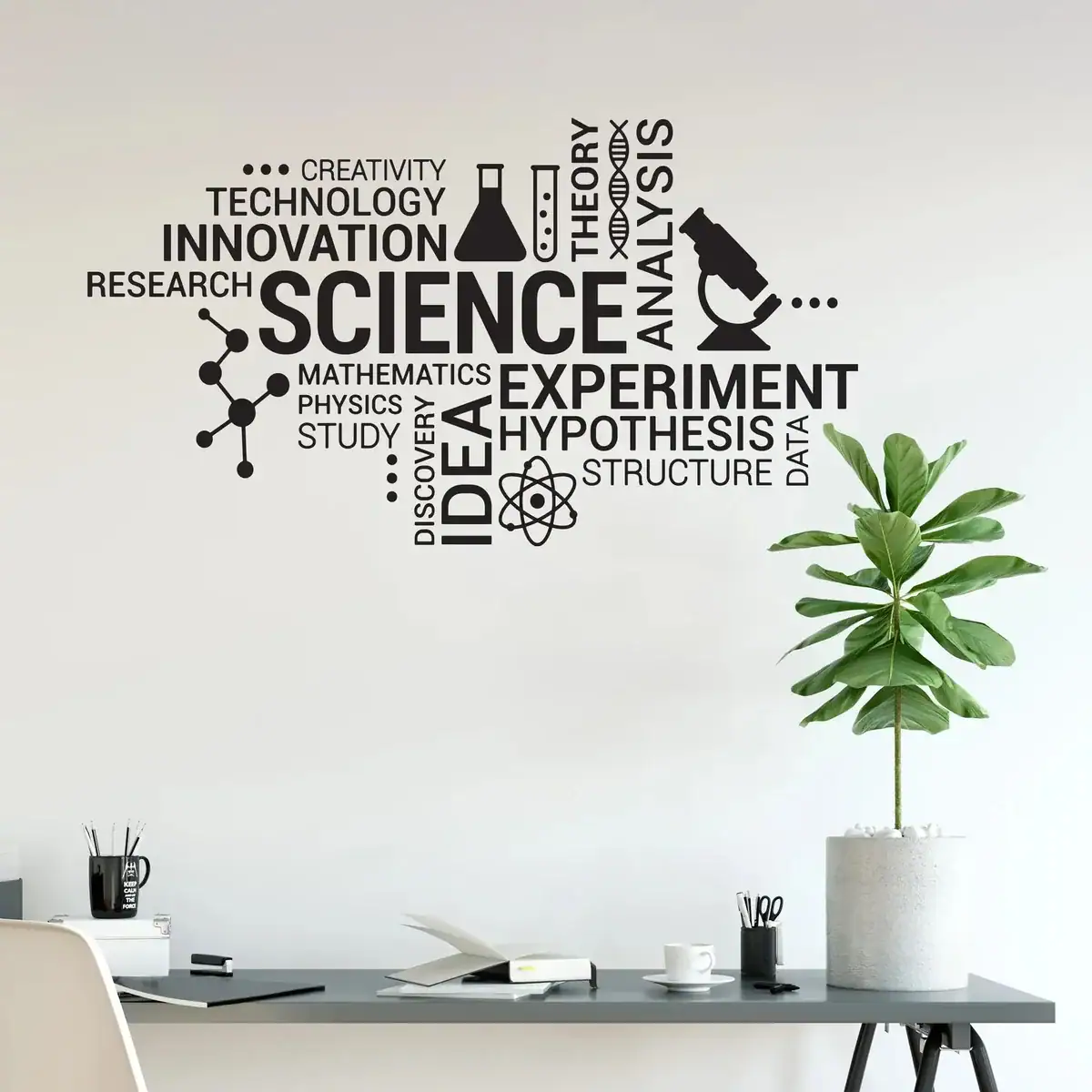 Science Gadgets | Science Decor & Educational Toys Shop Innovative science decor with a word cloud featuring terms like "Science," "Experiment," "Research," and "Analysis" on a white wall, complemented by a potted plant and a modern workspace.