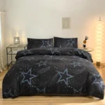 A cozy bed with galaxy-themed bedding featuring stars and cosmic patterns, complemented by modern nightstands and ambient lighting in a minimalist bedroom.