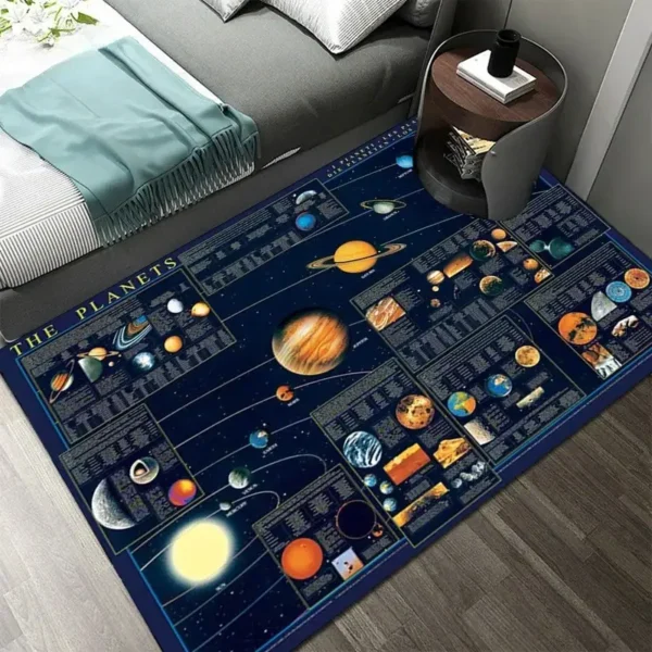 Colorful solar system educational rug featuring planets, stars, and space details, perfect for kids' rooms or classrooms to learn about the solar system interactively.