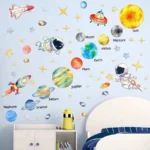 Vibrant space-themed wall decal featuring planets, astronauts, rockets, and stars, perfect for inspiring children's curiosity about the universe and enhancing their room decor.