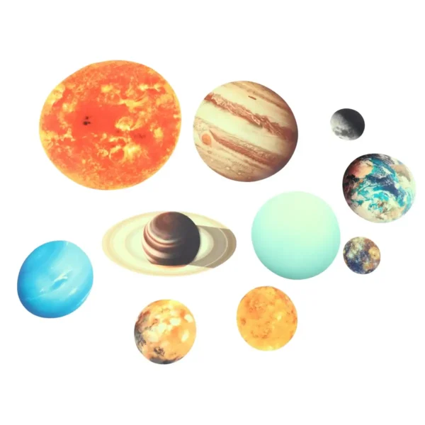Educational solar system model featuring the Sun and planets including Jupiter, Earth, Mars, Venus, Saturn, Uranus, Neptune, and Mercury, ideal for science decor and educational toys.