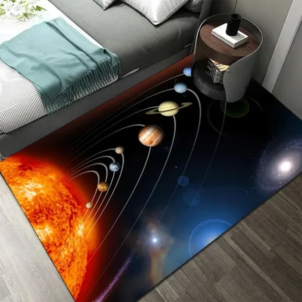 Educational solar system rug featuring planets and the Sun, ideal for kids' bedrooms or classrooms to learn about space and astronomy.