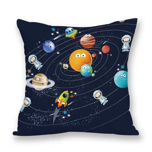A colorful space-themed pillow featuring cartoon planets, astronauts, and a rocket, perfect for science decor and educational toys.