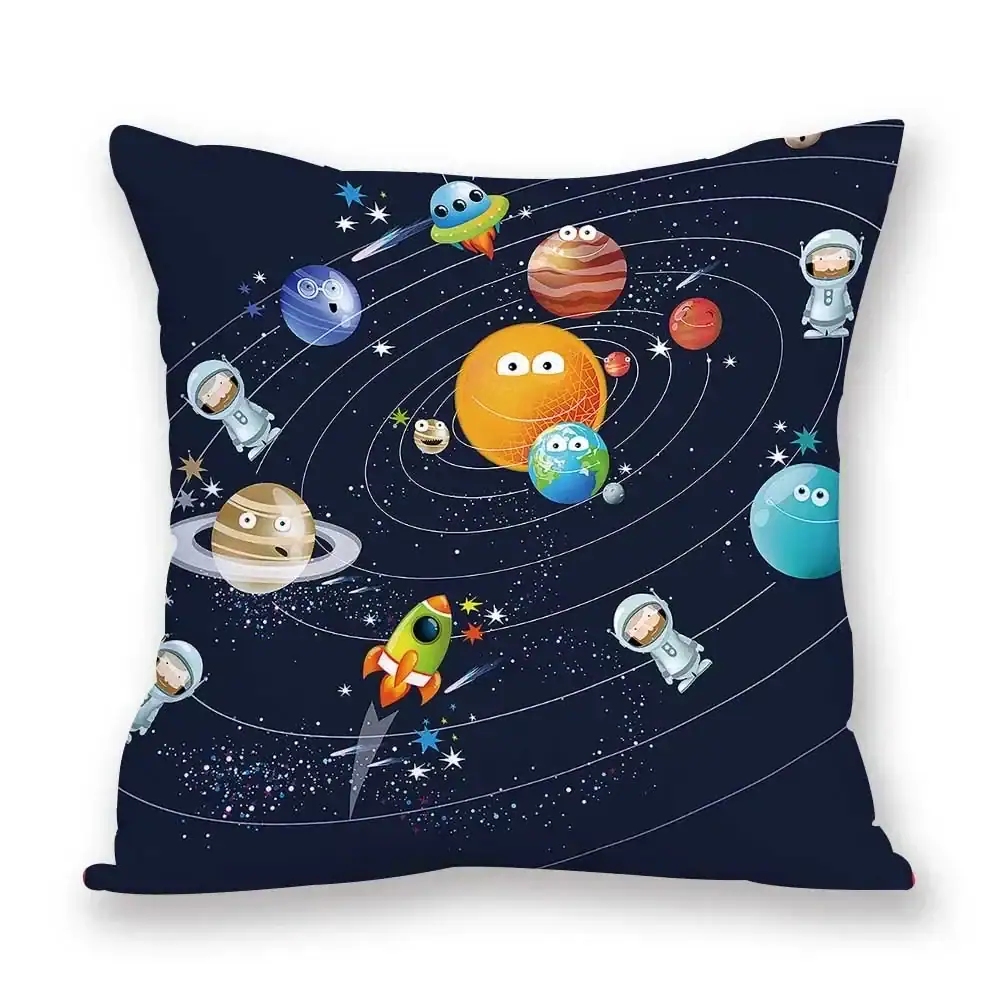 Space-themed planetary pillow with cartoon planets and astronauts. A colorful space-themed pillow featuring cartoon planets, astronauts, and a rocket, perfect for science decor and educational toys.