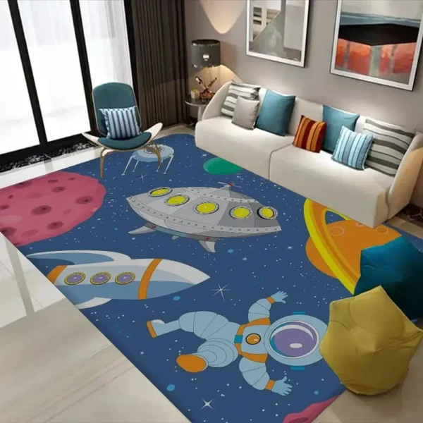 Brightly Colored Space-Themed Area Rug with Rockets and Astronauts.