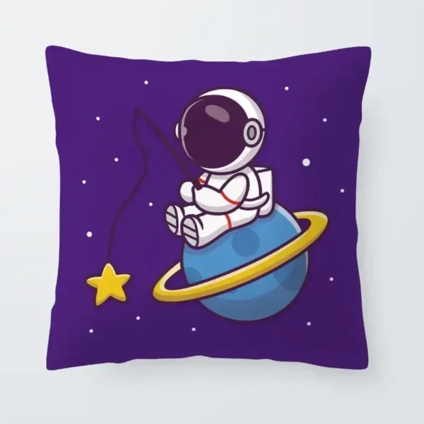 Astronaut sitting on a planet with a ring, surrounded by stars, on a purple background pillow.