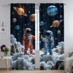 Colorful space-themed curtains featuring astronauts, planets, and stars, perfect for a science or space-themed room decor.