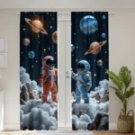 Astronauts in space-themed curtains with planets and stars, creating a playful and educational atmosphere for kids' rooms.