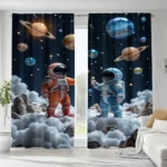 Decorative curtains featuring astronauts in space with planets and stars, ideal for a science-themed room or educational decor.