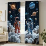 Astronauts in space-themed curtains with planets, stars, and clouds, perfect for a science decor or educational toy shop.