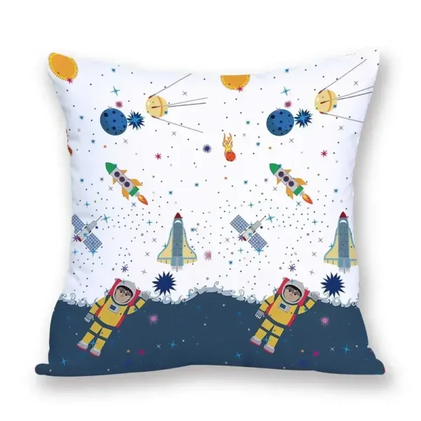 Bright space-themed pillowcase featuring astronauts, rockets, planets, and stars, perfect for science lovers and educational decor.