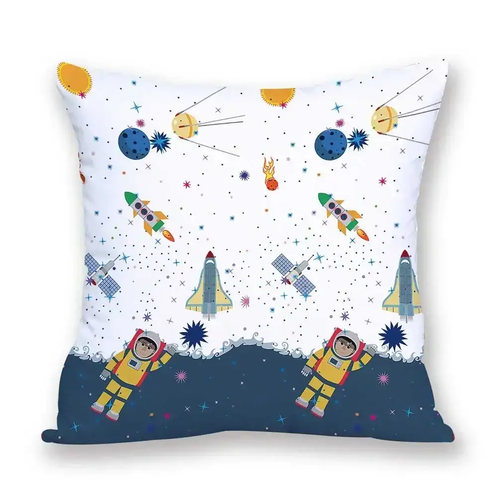Space Explorer Kids Pillowcase | Science Decor & Educational Toys Bright space-themed pillowcase featuring astronauts, rockets, planets, and stars, perfect for science lovers and educational decor.