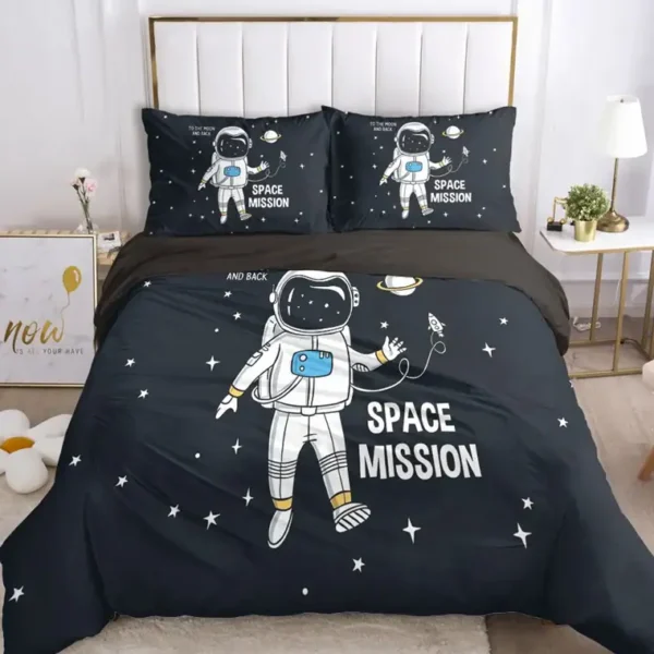 Astronaut-themed bed set featuring a large astronaut illustration on the duvet cover and matching pillowcases, set against a starry night sky background.